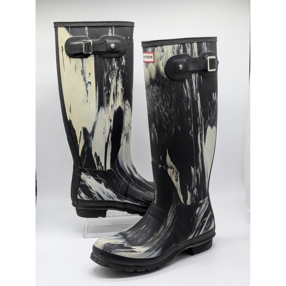 Hunter Original Tall Rain Boots Black White Marbled Rubber Women's 9 Men's 8